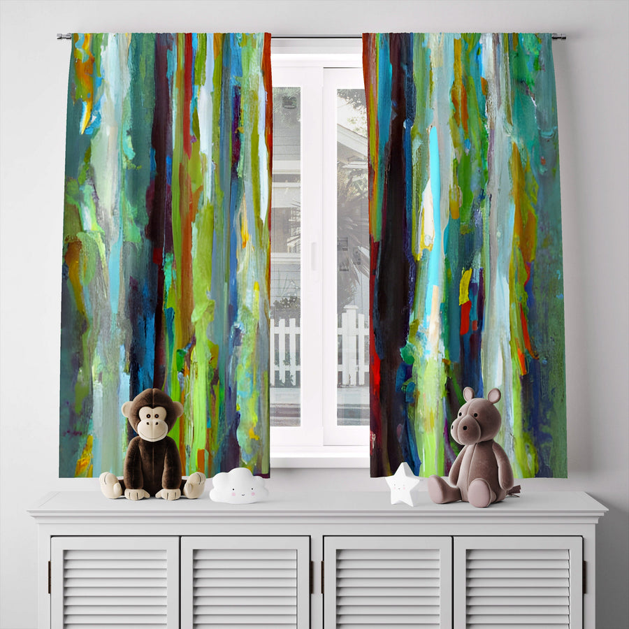 Striped Window Curtain - Green and Red Watercolor Stripes - Deja Blue Studios