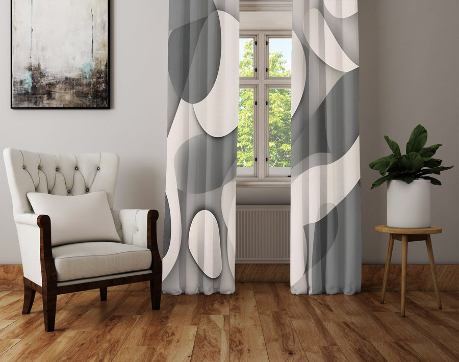 Abstract Window Curtain - Grayscale Geometric Pattern - Deja Blue Studios