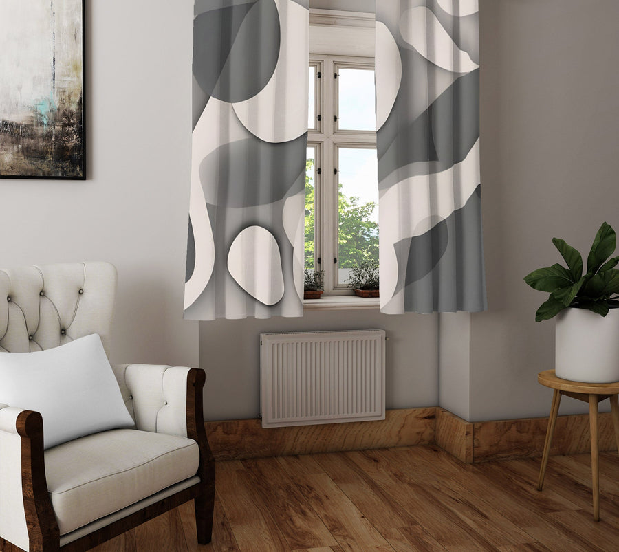 Abstract Window Curtain - Grayscale Geometric Pattern - Deja Blue Studios