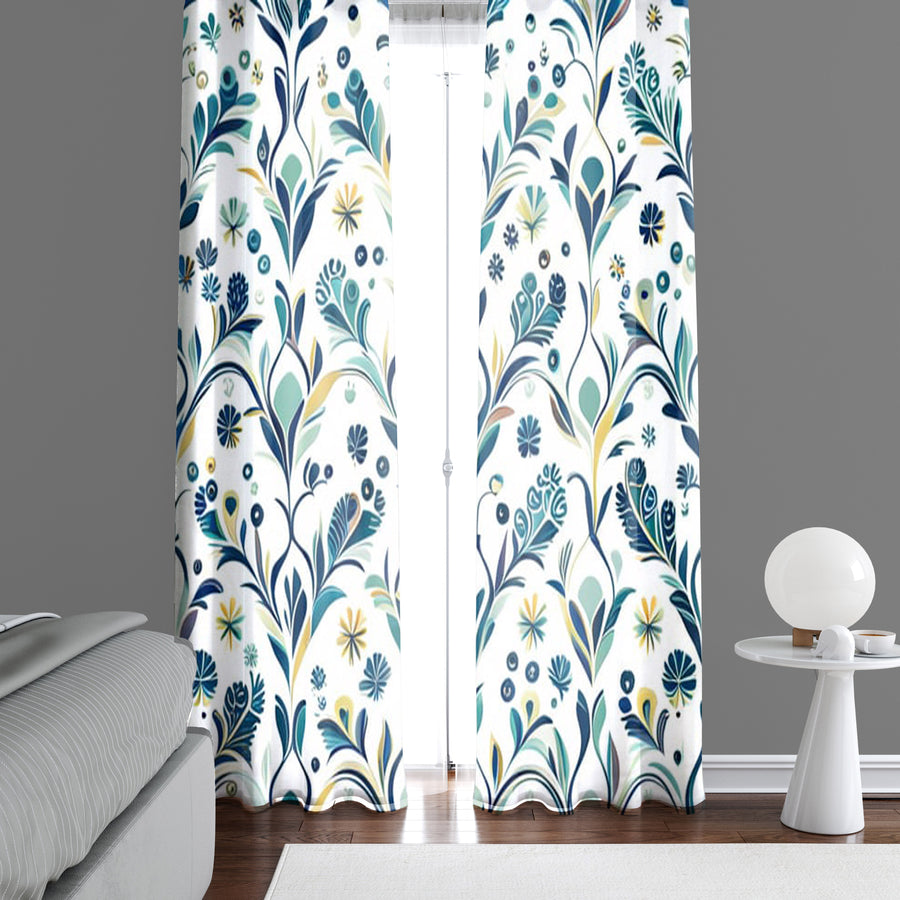 Floral Window Curtain - Blue and Yellow Paisley Floral and Ivy - Deja Blue Studios