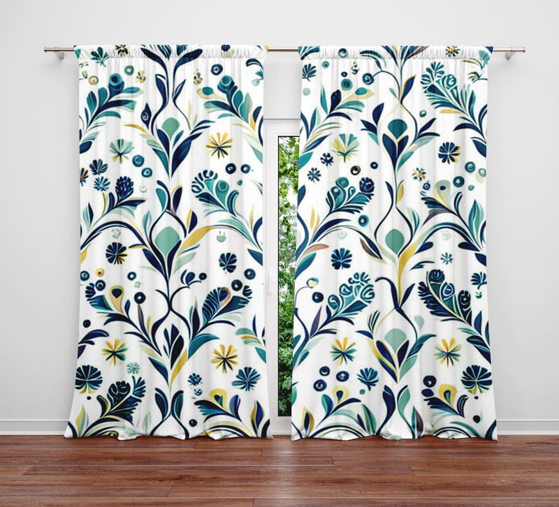 Floral Window Curtain - Blue and Yellow Paisley Floral and Ivy - Deja Blue Studios