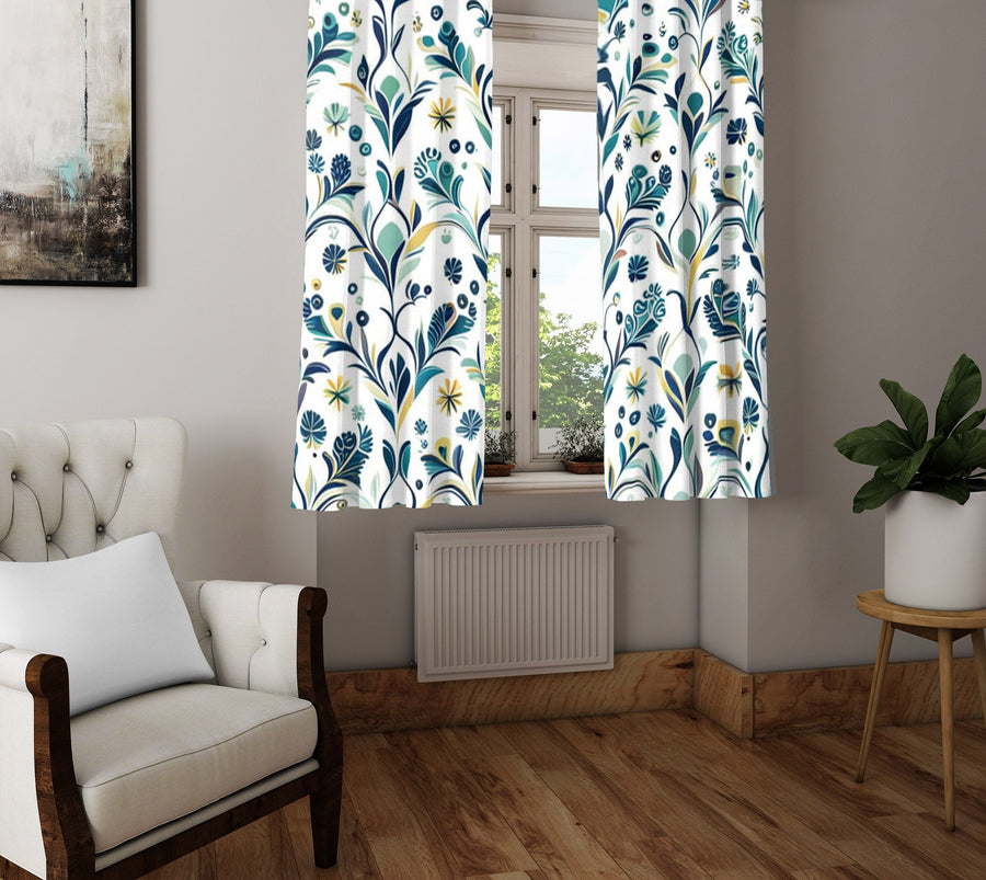 Floral Window Curtain - Blue and Yellow Paisley Floral and Ivy - Deja Blue Studios