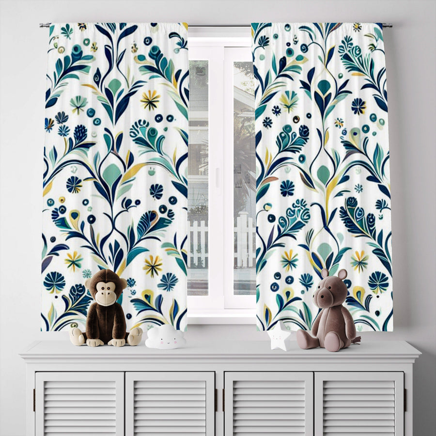 Floral Window Curtain - Blue and Yellow Paisley Floral and Ivy - Deja Blue Studios